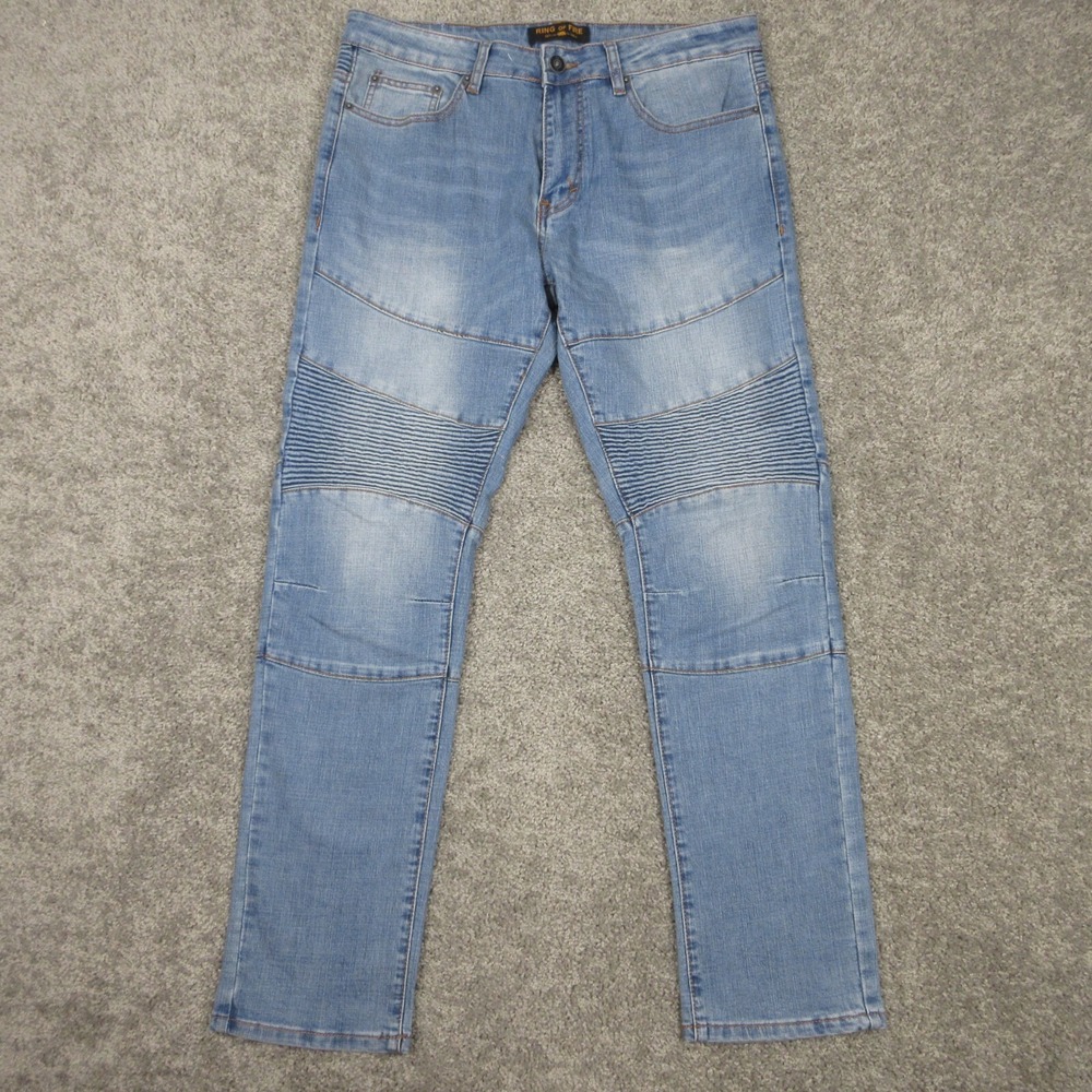 Ring Of Fire Jeans Mens 33x30 Blue Denim Pants Moto Biker Slim Fit‎ Zip Fly Flex